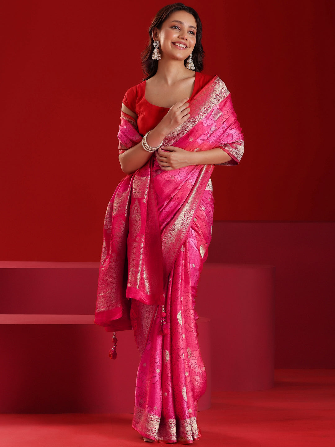 Libas Art Red Printed Satin Saree With Unstitched Blouse Piece