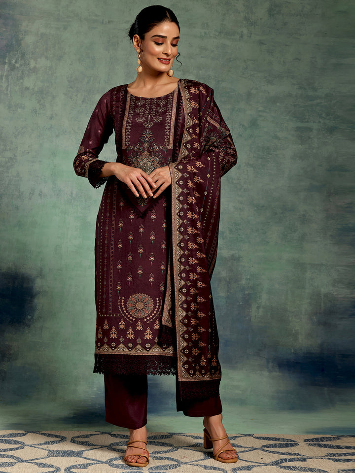 Wine Printed Silk Blend Straight Suit Set With Dupatta