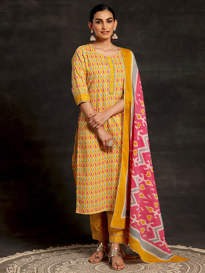 Mustard Printed Cotton Straight Suit With Dupatta