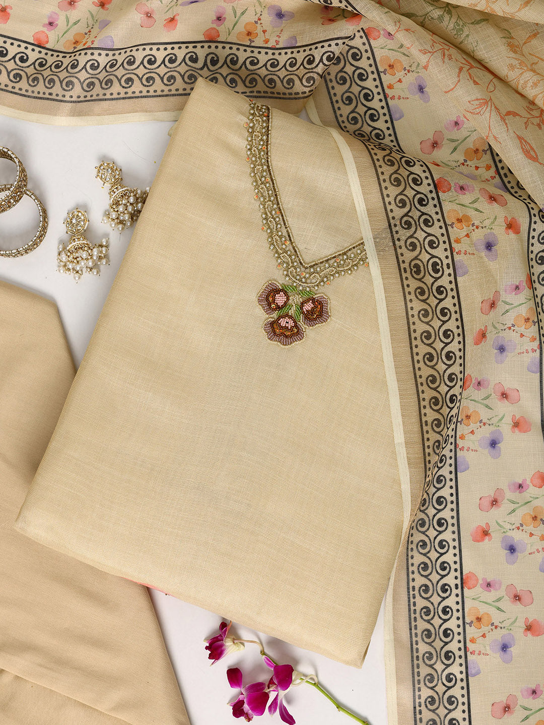 Buy Libas Beige Printed Cotton Blend Dress Material With Dupatta Online in USA at $39.00