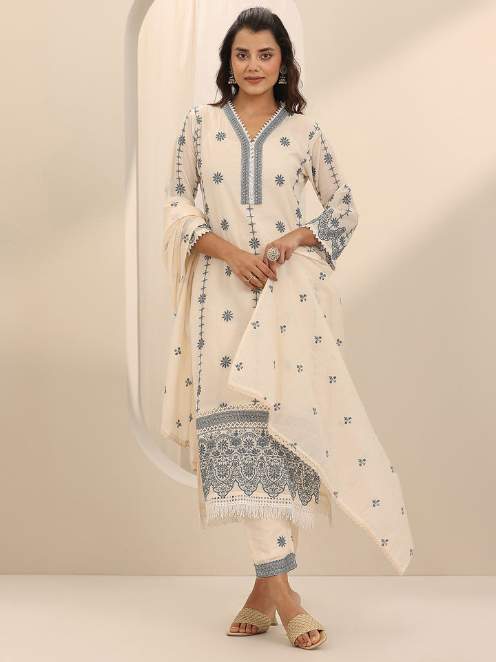 Off White Embroidered Cotton Straight Suit Set With Dupatta