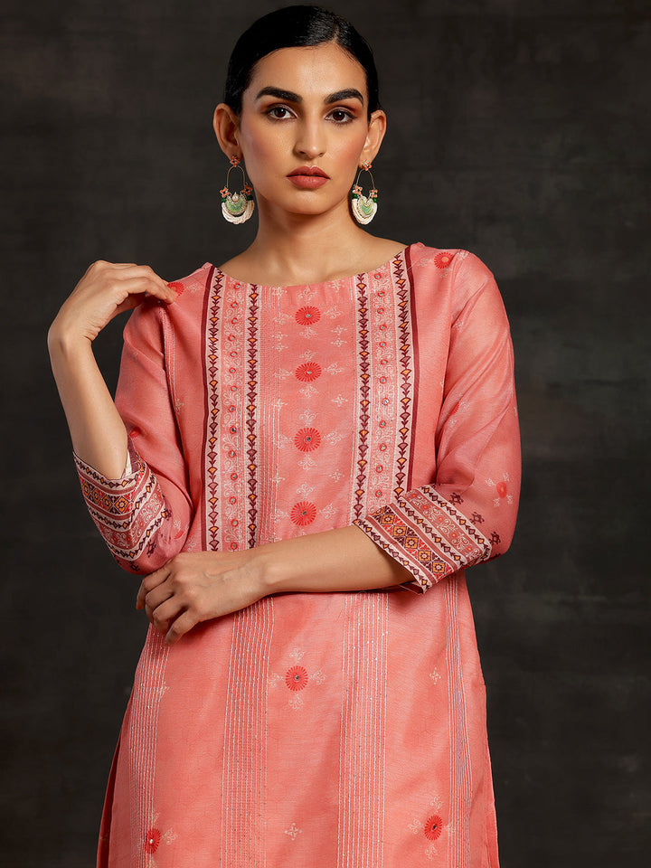 Pink Embellished Chanderi Silk Straight Kurta