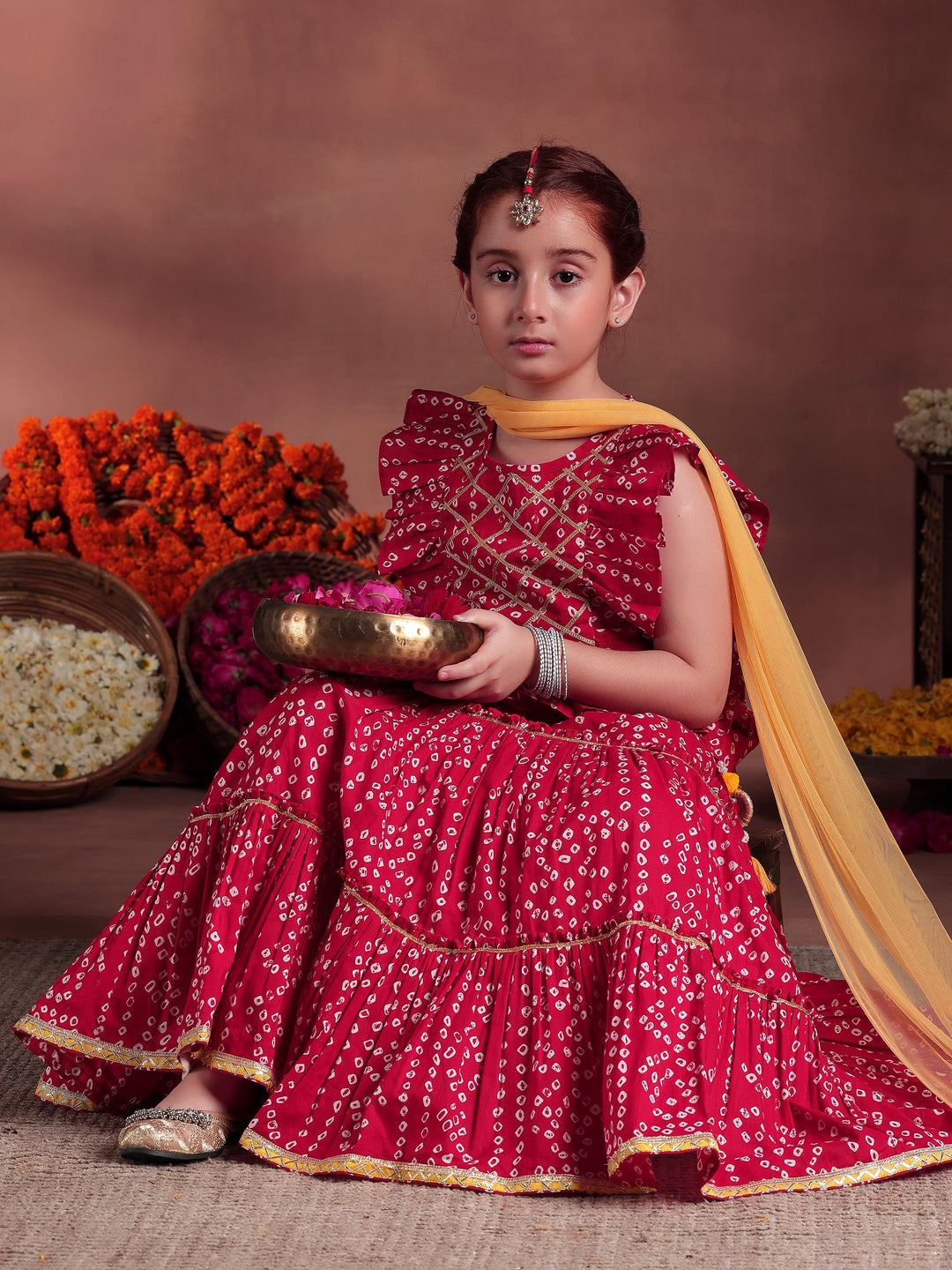 Kids Red Printed Cotton Ready to Wear Lehenga Choli