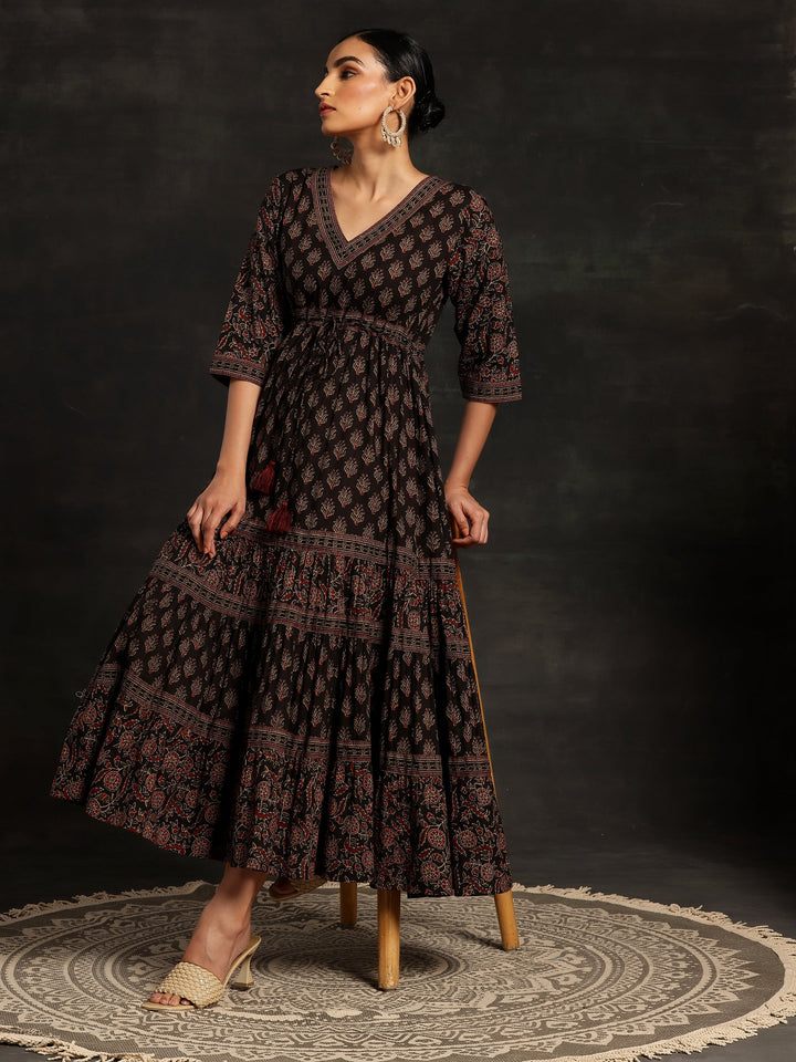 Black Printed Cotton A-Line Dress