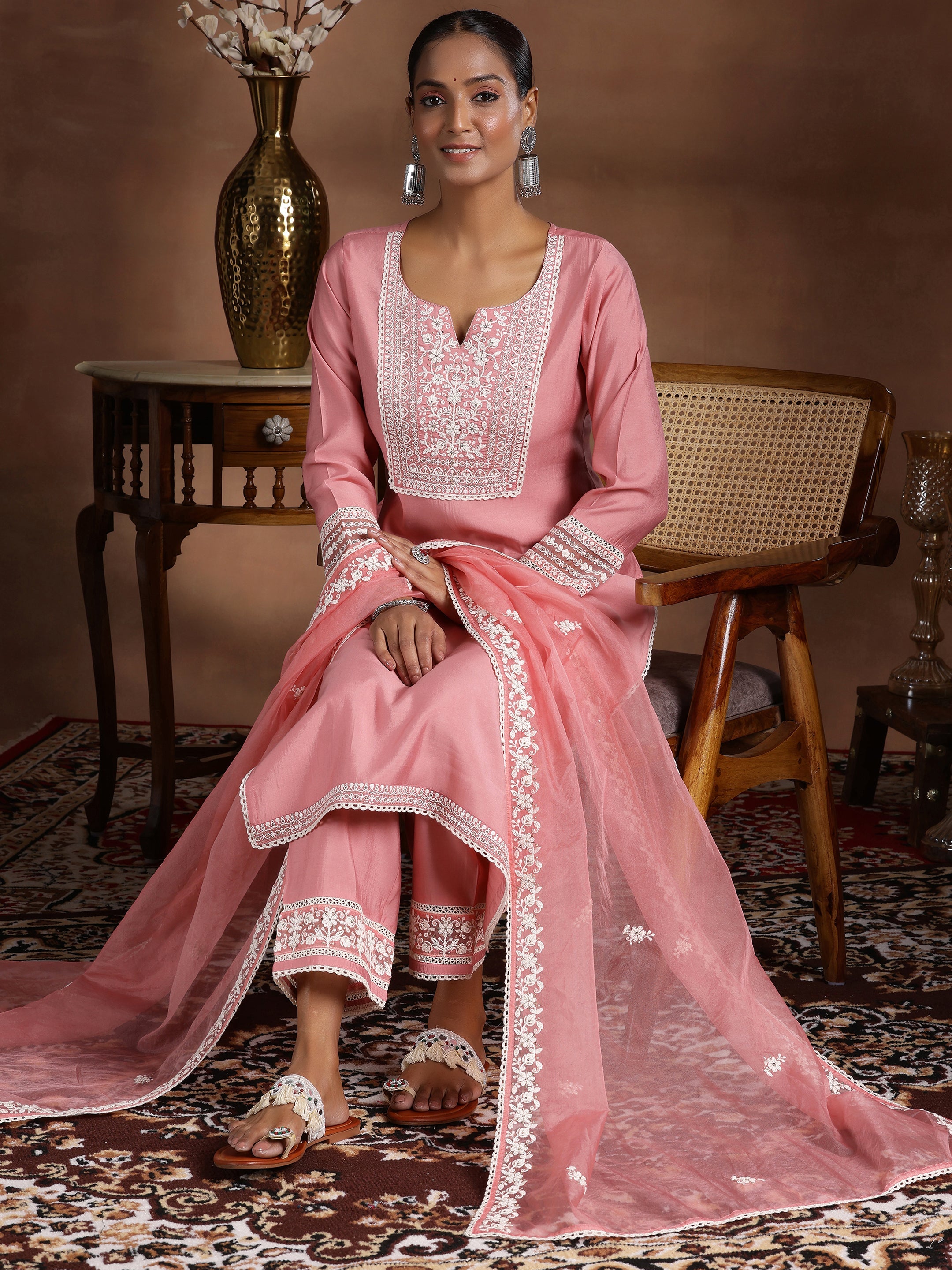 Beige Yoke Design Silk Blend Straight Suit With Dupatta