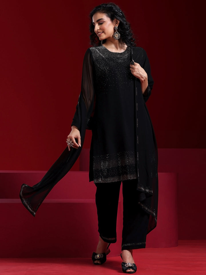 Libas Art Black Solid Georgette Straight Suit With Dupatta