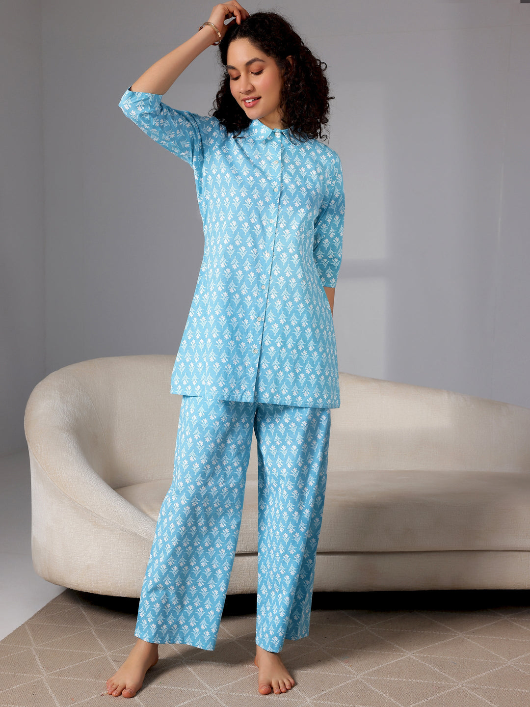 Blue Printed Cotton Night Suits