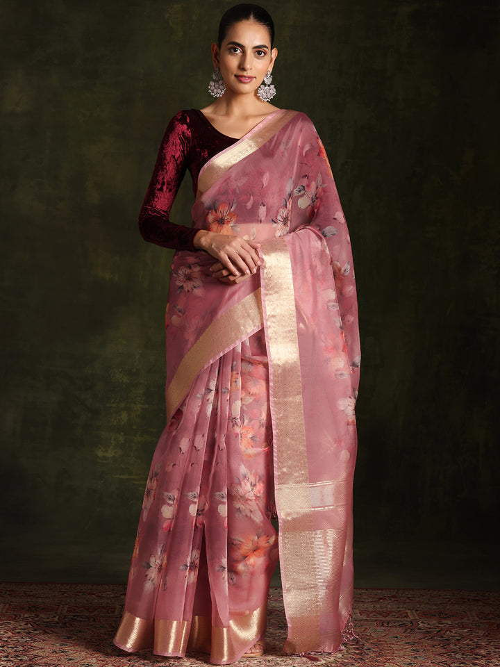 Mauve Printed Organza Saree With Unstitched Blouse Piece