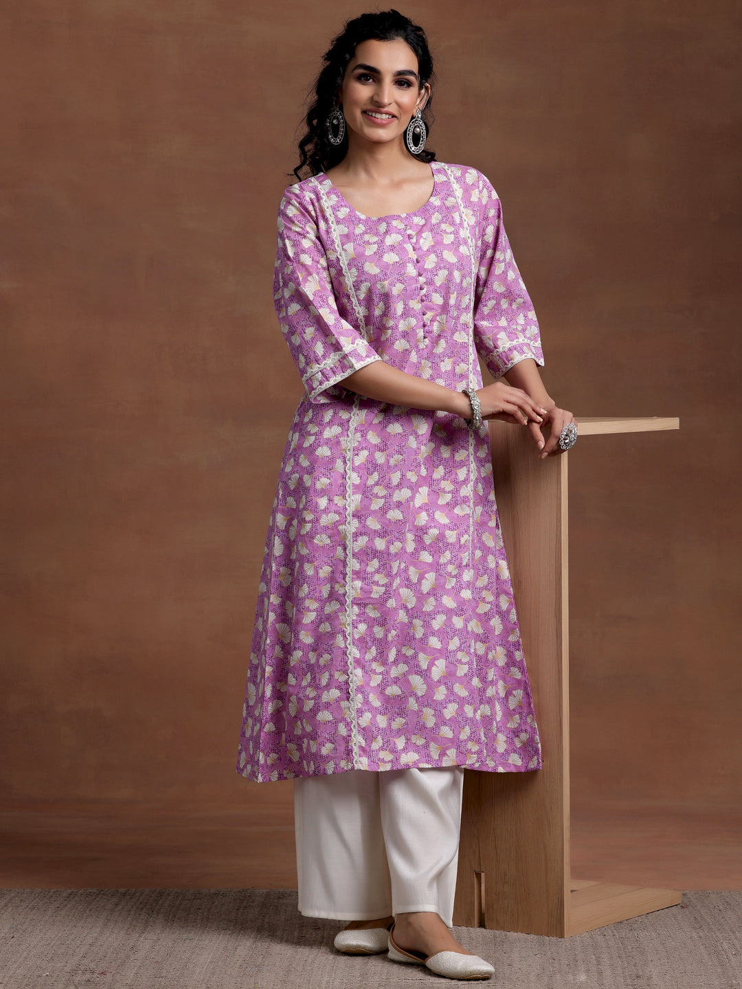 Purple Printed Cotton A-Line Kurta