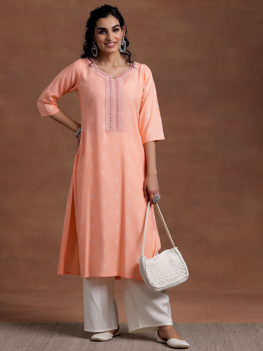 Peach Woven Design Cotton Straight Kurta