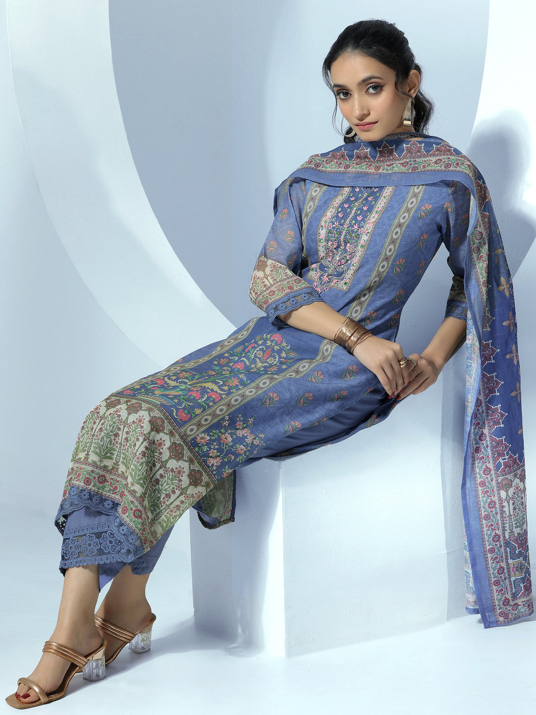 Blue Printed Cotton Blend Straight Suit With Dupatta