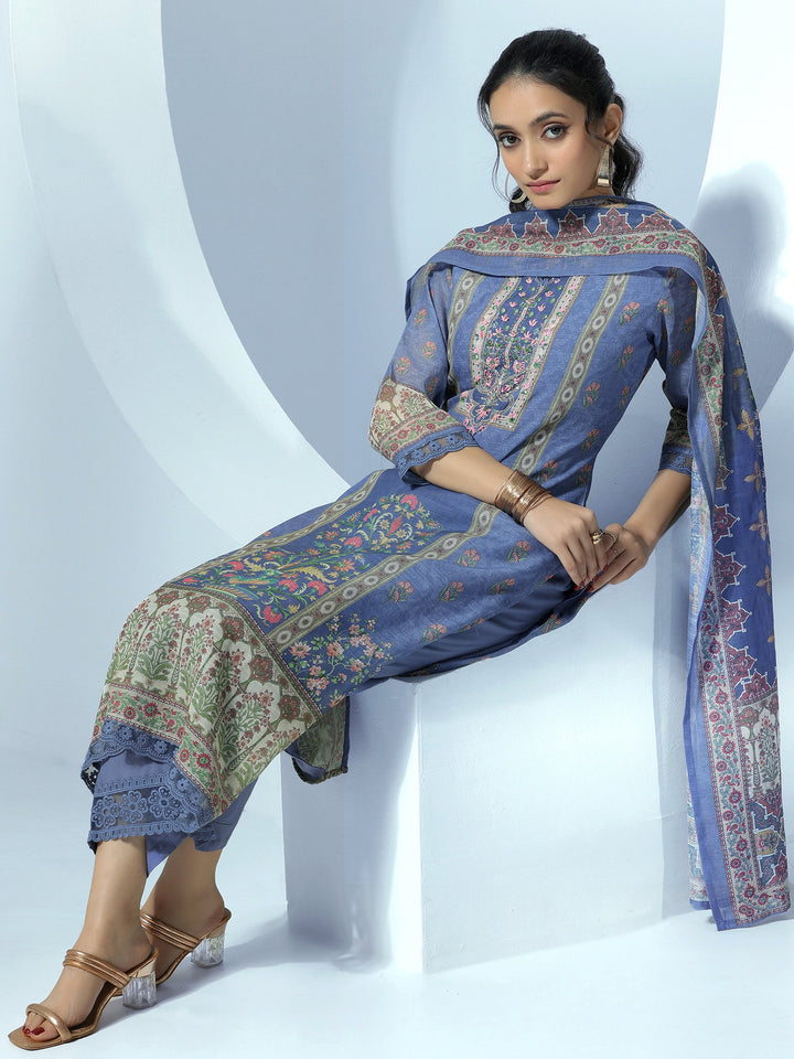 Blue Printed Cotton Blend Straight Suit With Dupatta