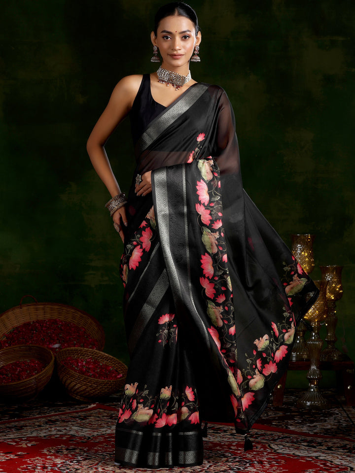 Black Printed Silk Blend Saree With Unstitched Blouse Piece