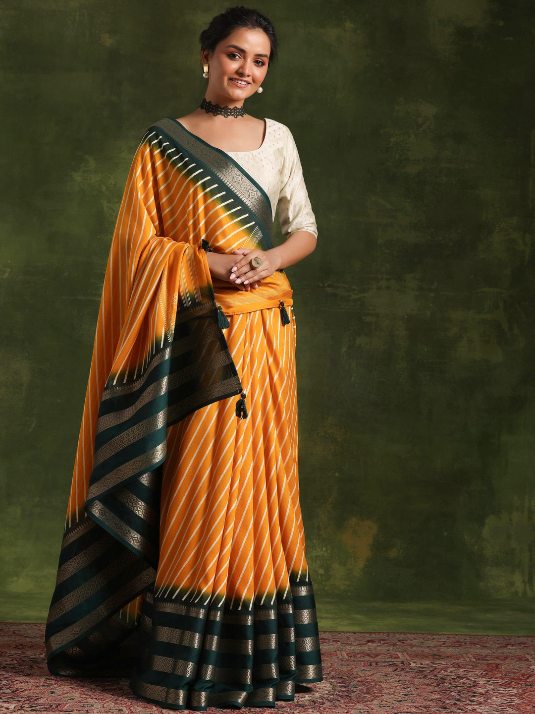 Mustard Printed Silk Blend Saree With Unstitched Blouse Piece - Libas