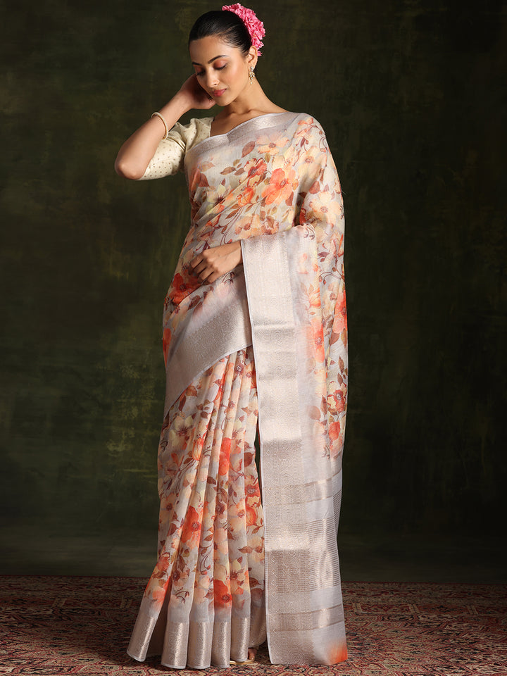 Grey Printed Silk Blend Saree With Unstitched Blouse Piece