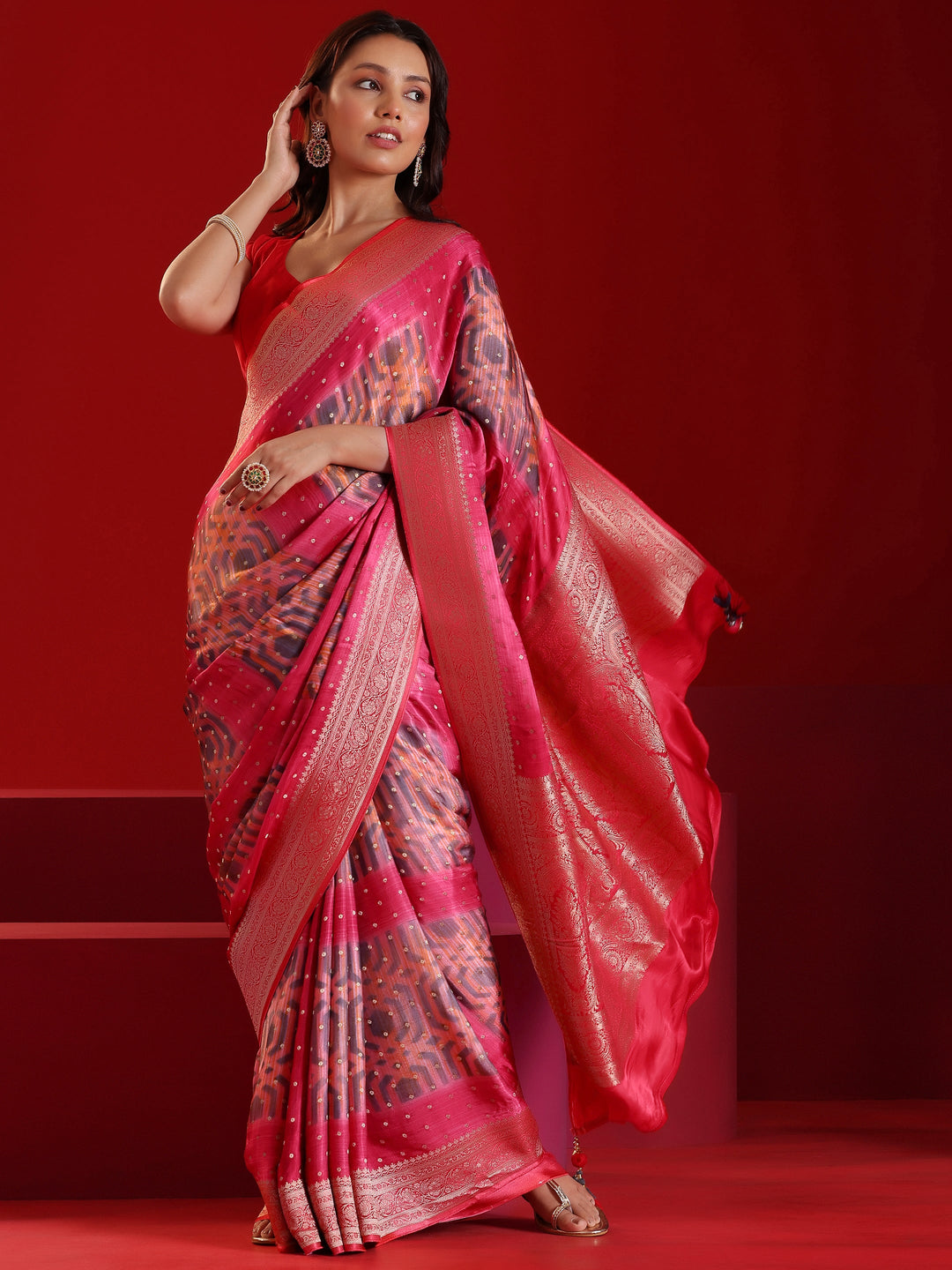 Libas Art Red Printed Satin Saree With Unstitched Blouse Piece