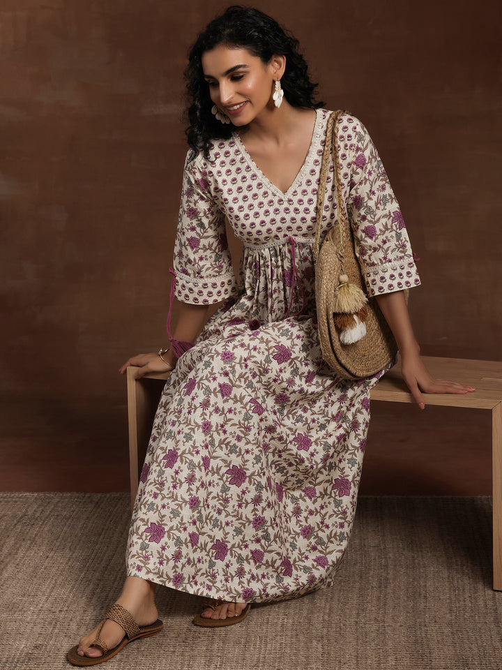Off White Printed Cotton Fit and Flare Dress