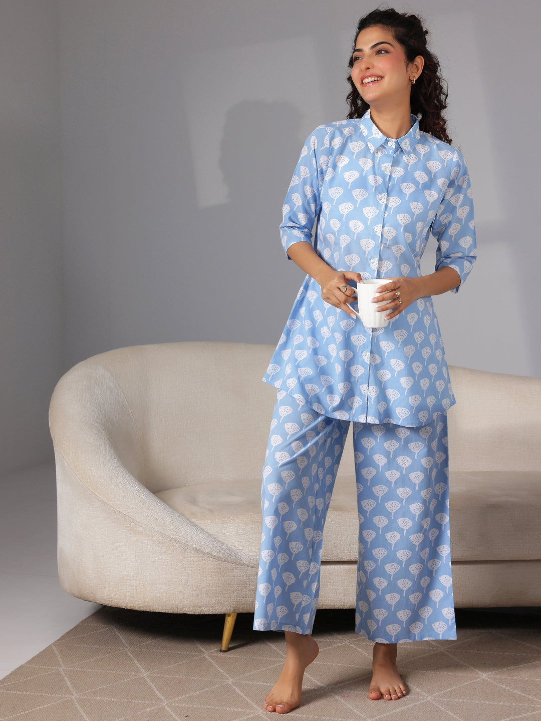 Blue Printed Cotton Night Suits