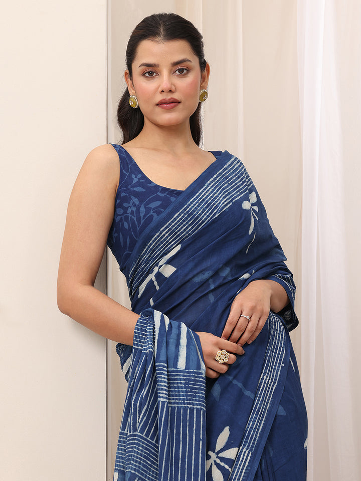 Indigo Printed Cotton Saree With Unstitched Blouse Piece