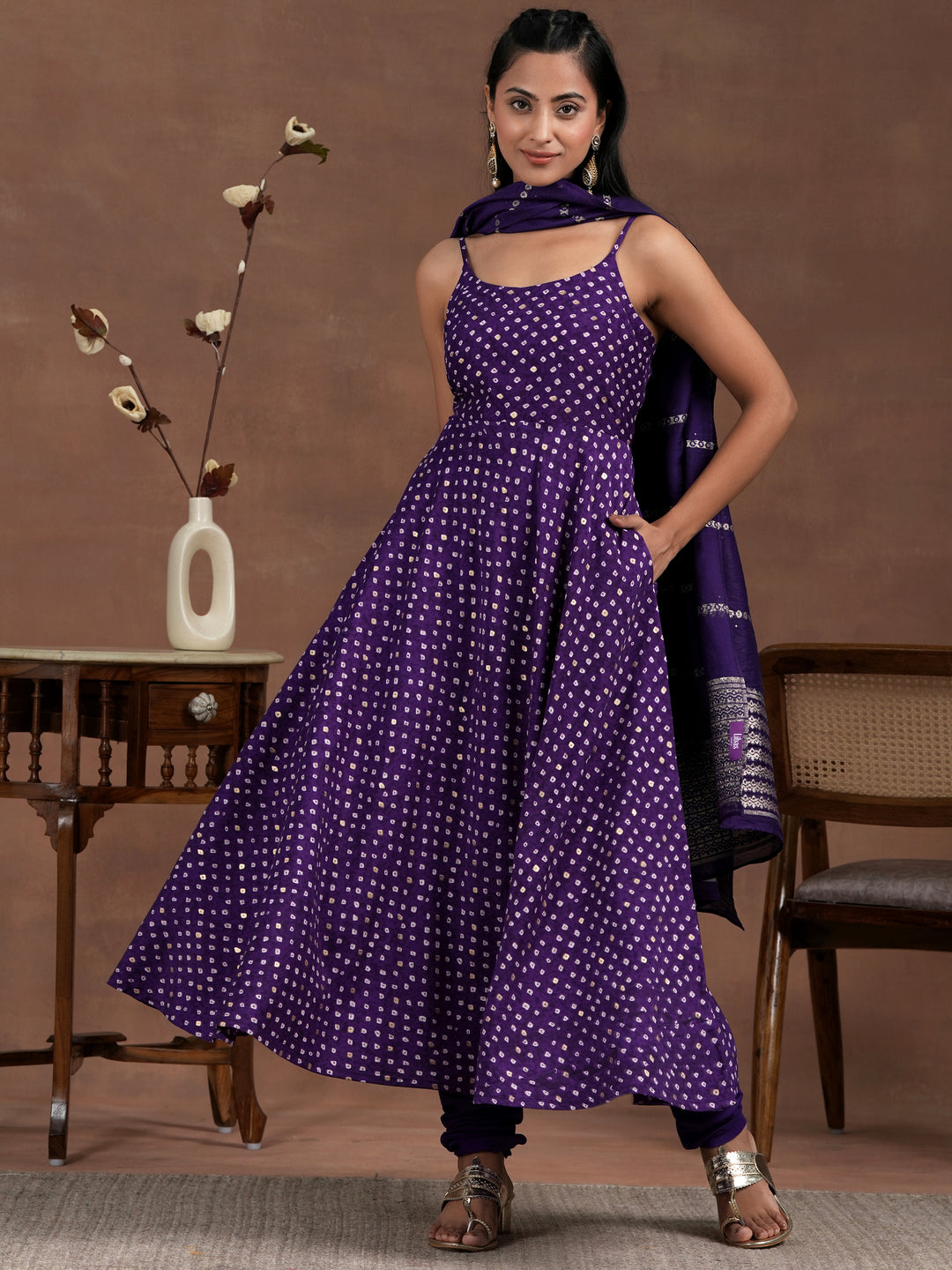 Purple Printed Rayon Anarkali Suit With Dupatta