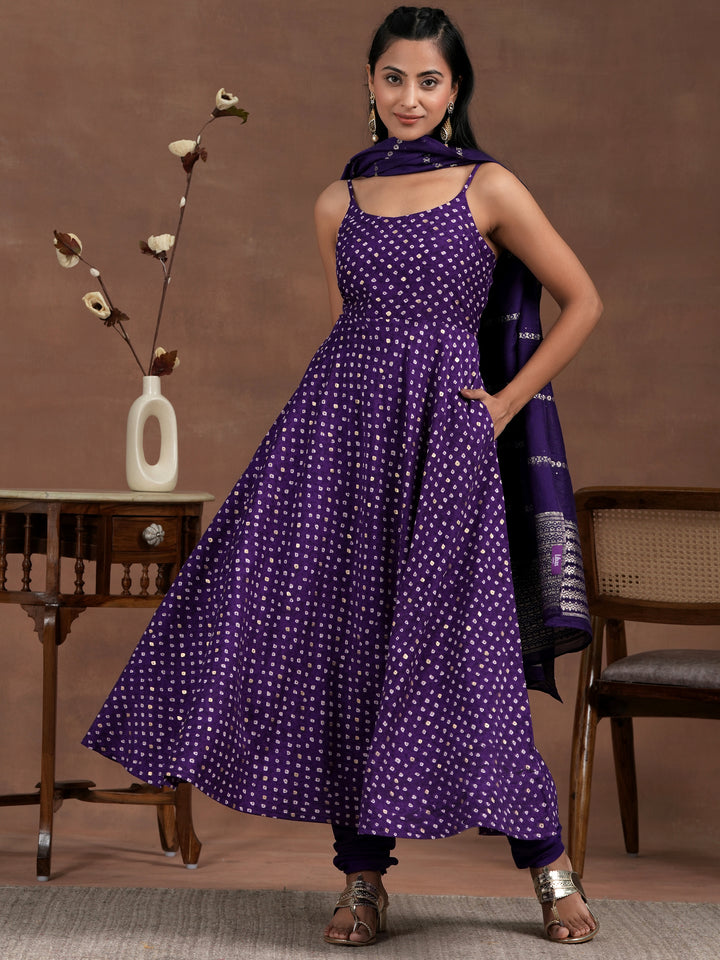 Purple Printed Rayon Anarkali Suit With Dupatta