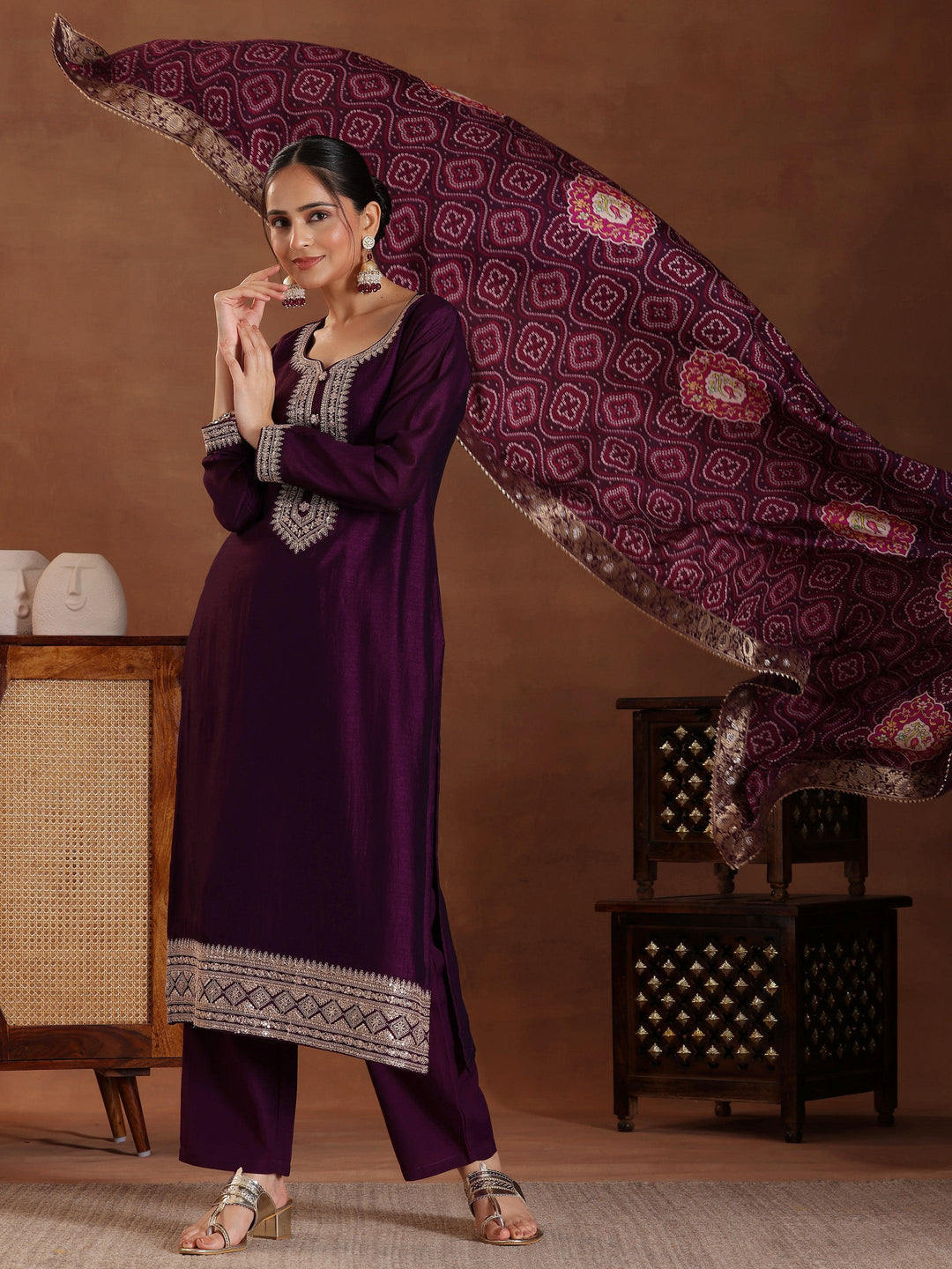 Wine Embroidered Silk Blend Straight Suit With Dupatta