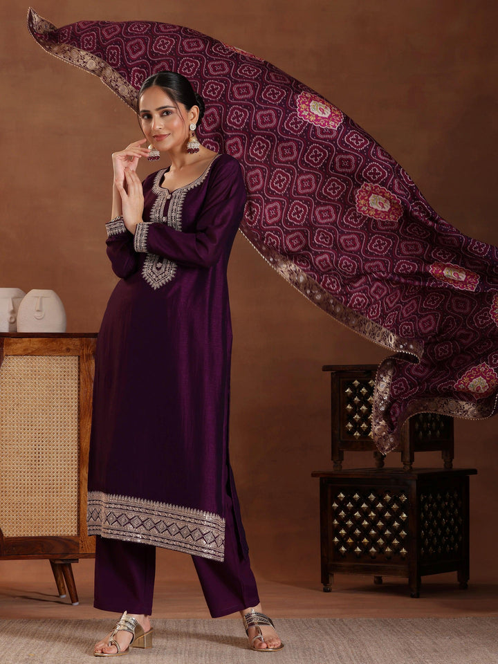 Wine Embroidered Silk Blend Straight Suit With Dupatta