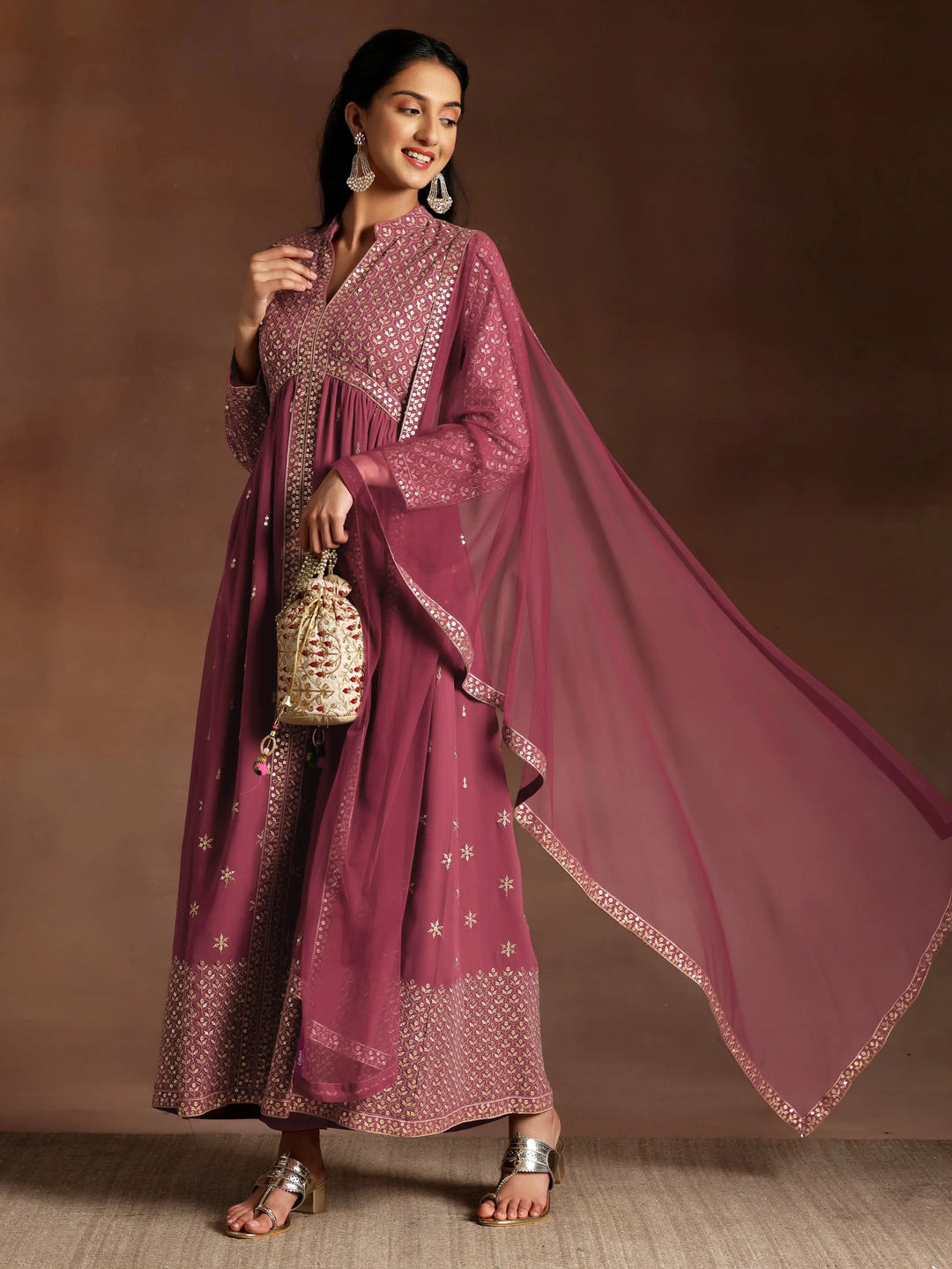 Libas Art Chandni Mauve Embroidered Georgette A-Line Kurta With Trousers & Dupatta