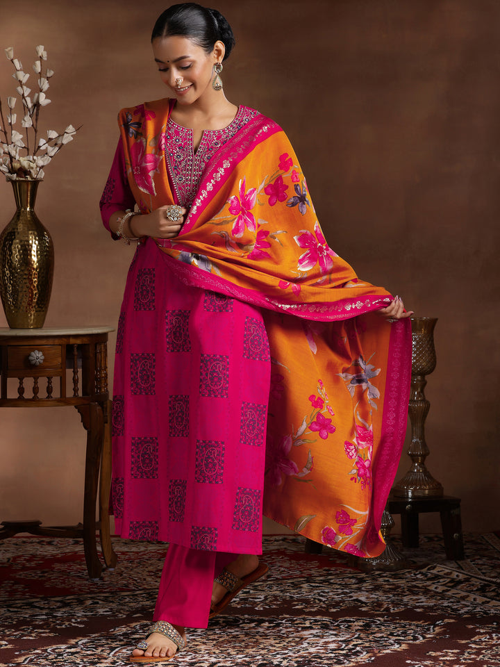 Pink Printed Silk Blend Straight Suit With Dupatta