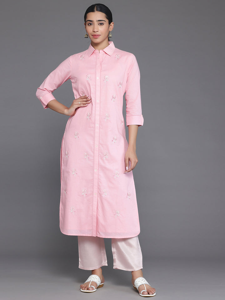 Pink Embroidered Cotton Straight Kurta