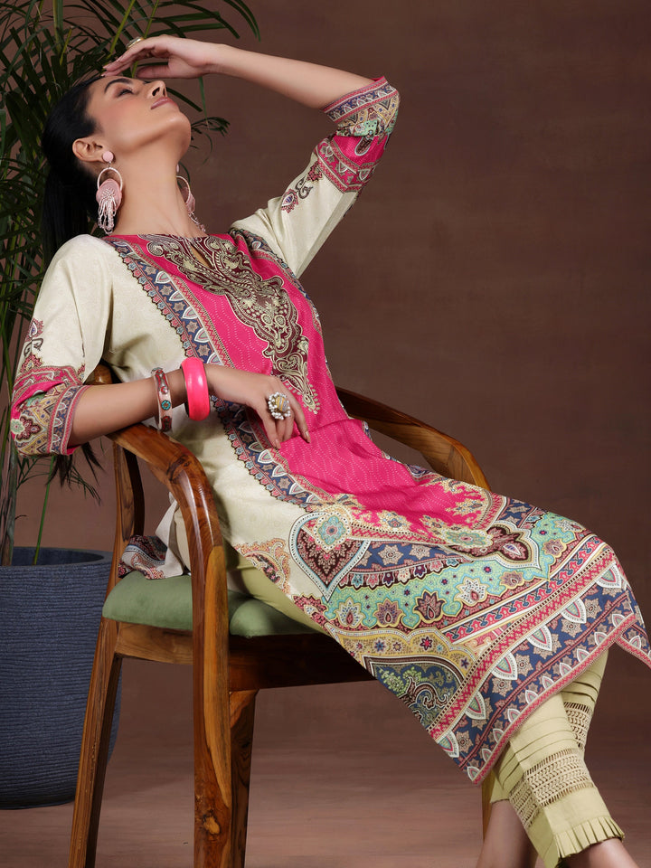 Beige Printed Crepe Straight Kurta