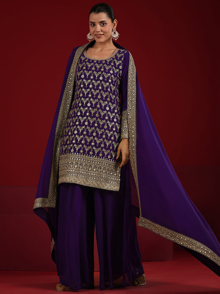 Libas Art Purple Embroidered Georgette Straight Suit Set With Dupatta