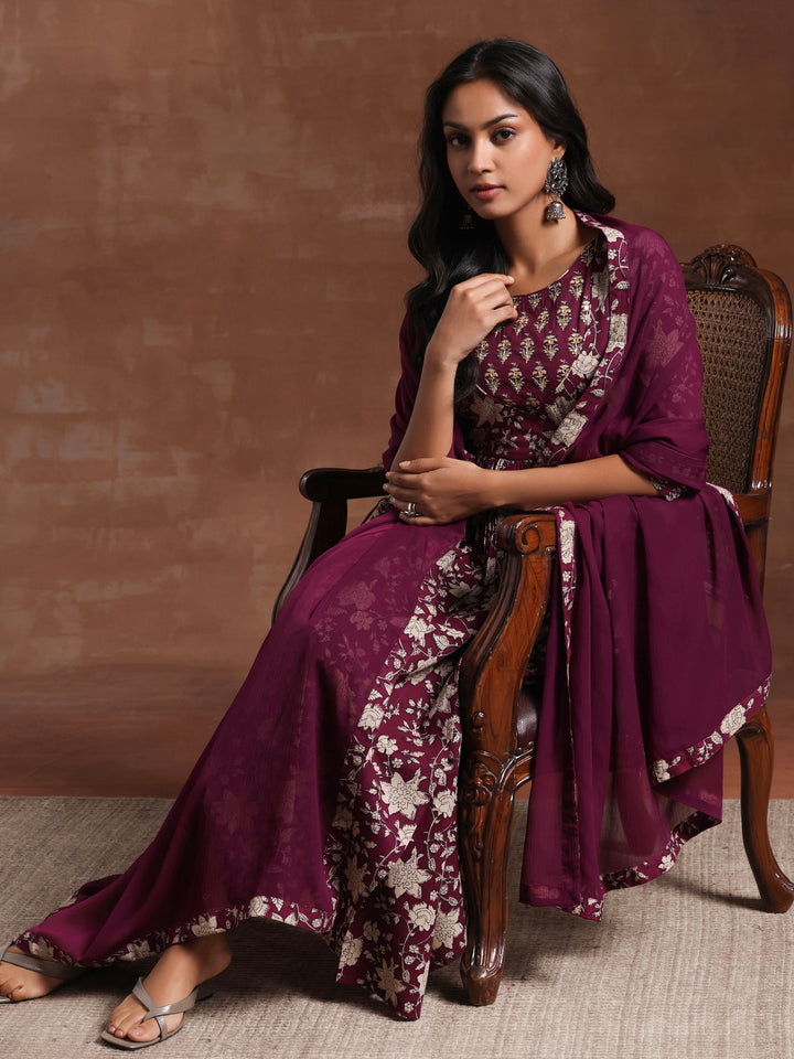 Wine Printed Pure Cotton Anarkali Suit With Dupatta