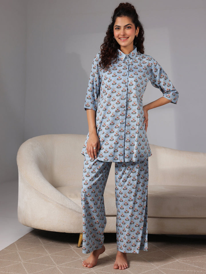 Blue Printed Cotton Night Suits
