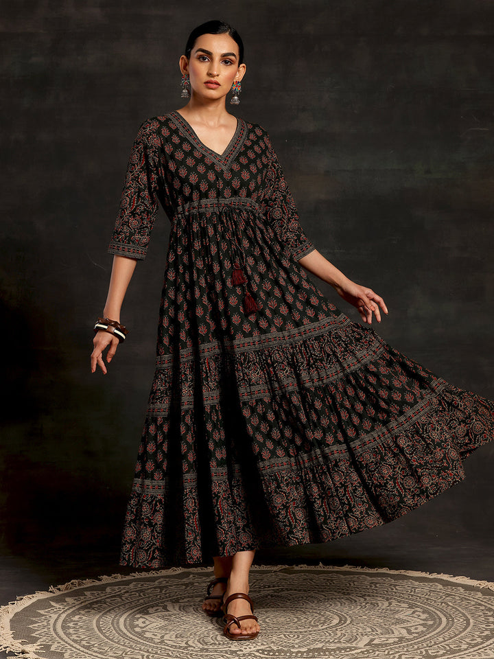 Green Printed Cotton A-Line Dress