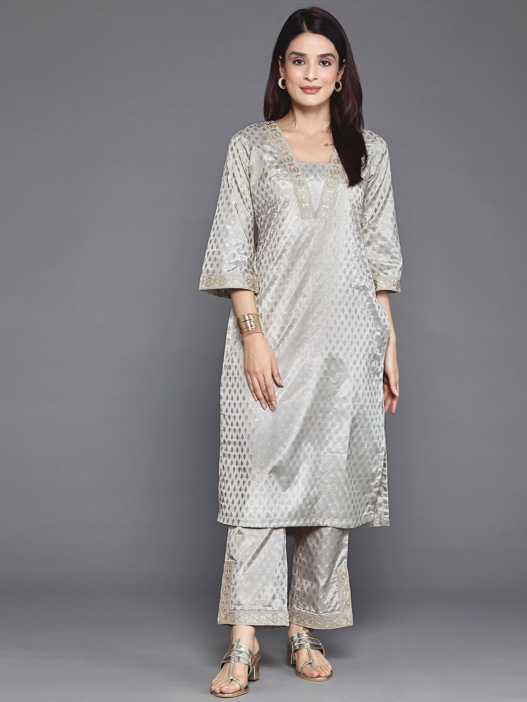 Grey Printed Silk Blend Straight Kurta Set