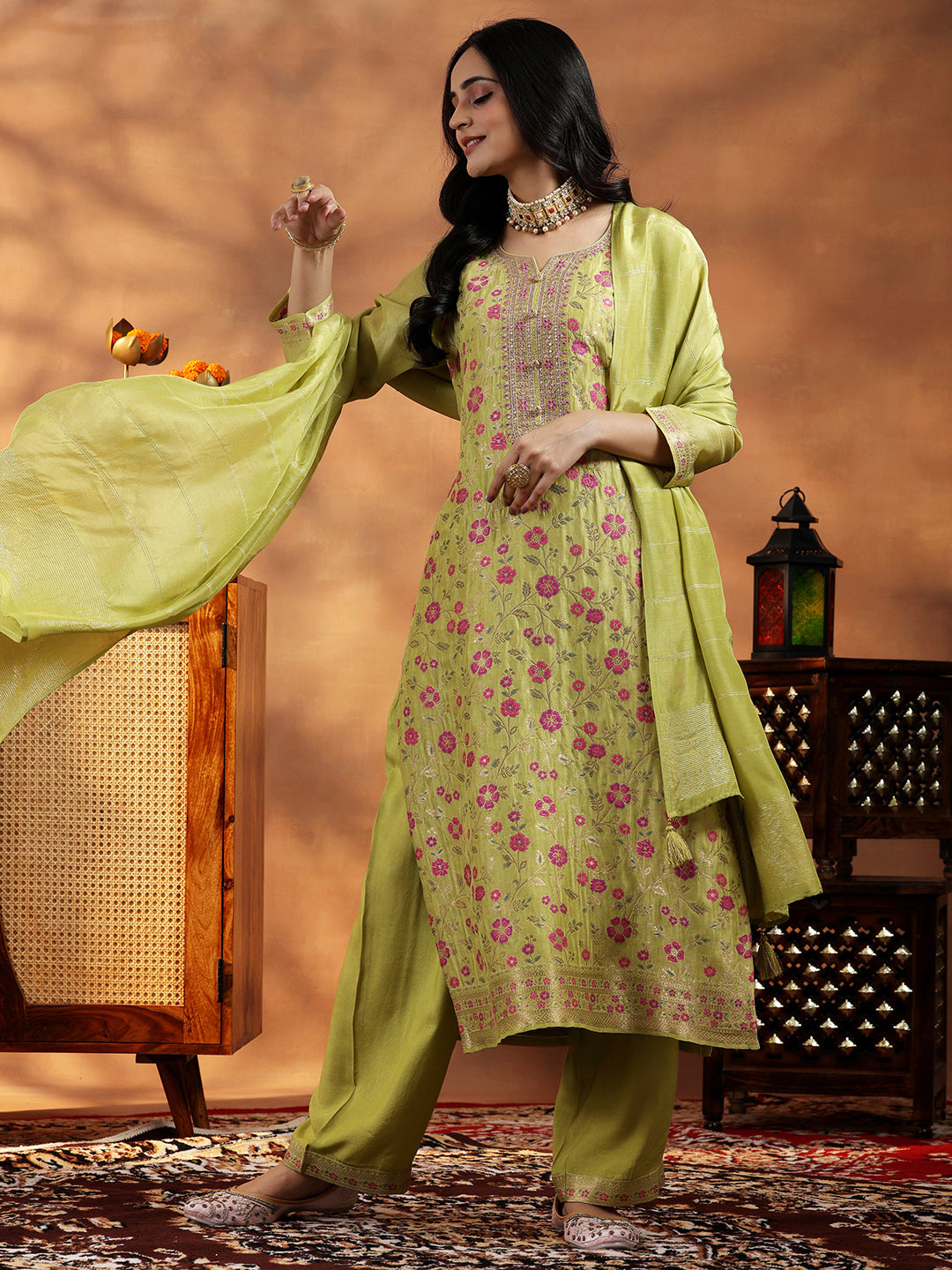 buy-green-woven-design-silk-blend-straight-suit-with-dupatta-online-at