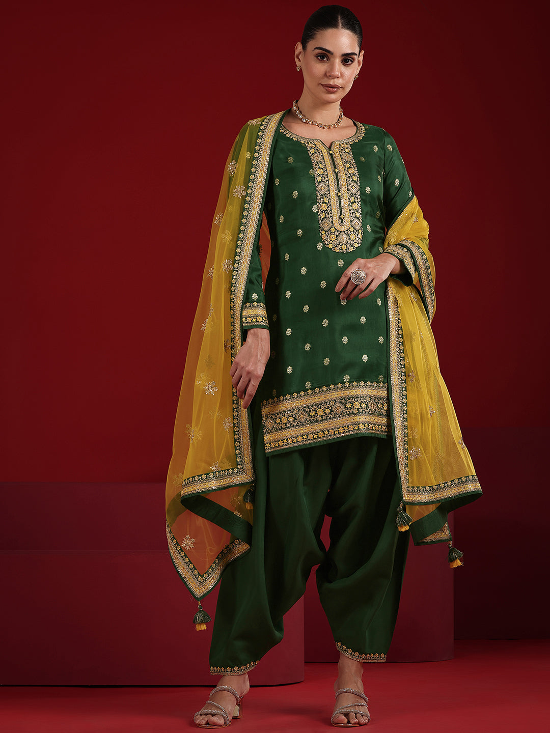 Libas Art Green Embroidered Silk Blend Straight Suit Set With Dupatta