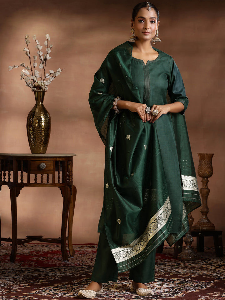 Green Solid Cotton Blend Straight Suit With Dupatta