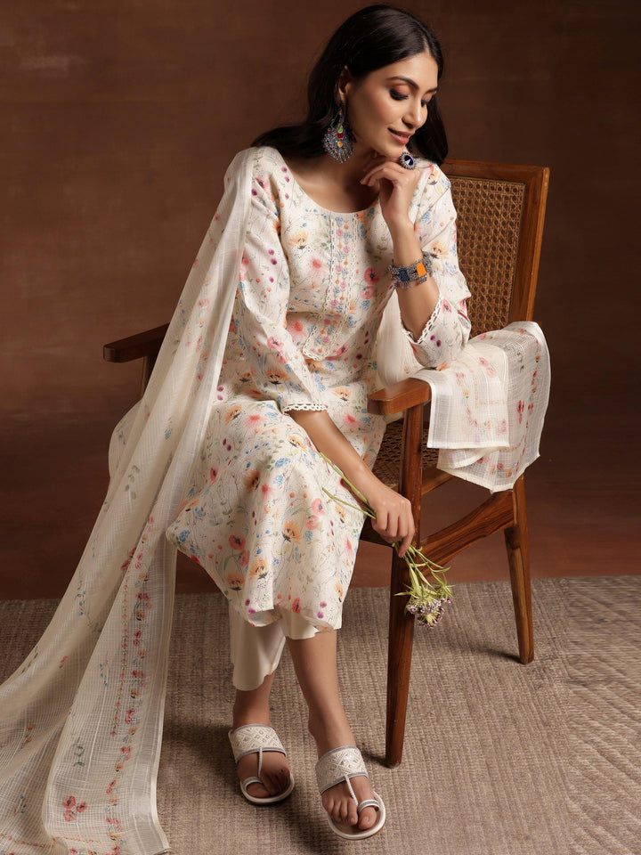 Cream Printed Cotton Straight Suit With Dupatta