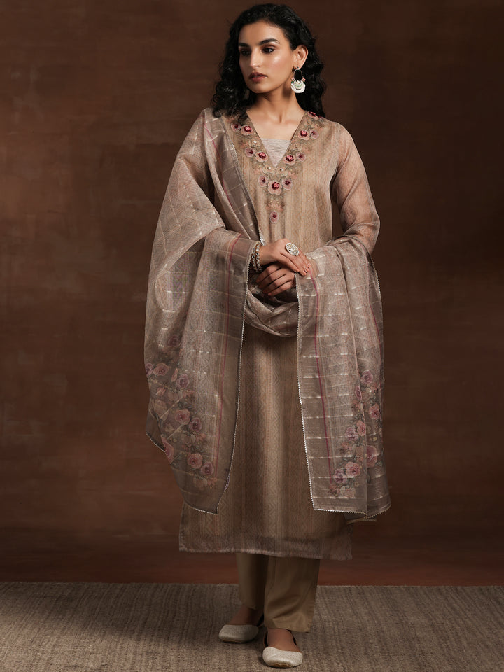 Tan Printed Organza Straight Suit With Dupatta