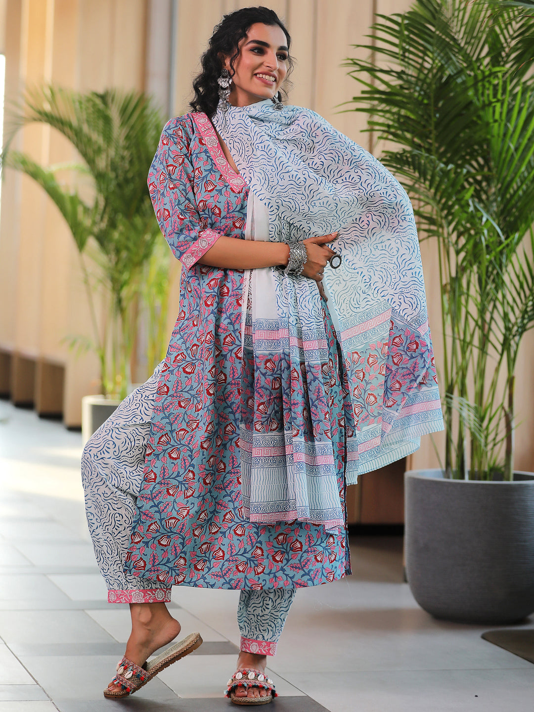 Blue Printed Cotton Straight Suit With Dupatta
