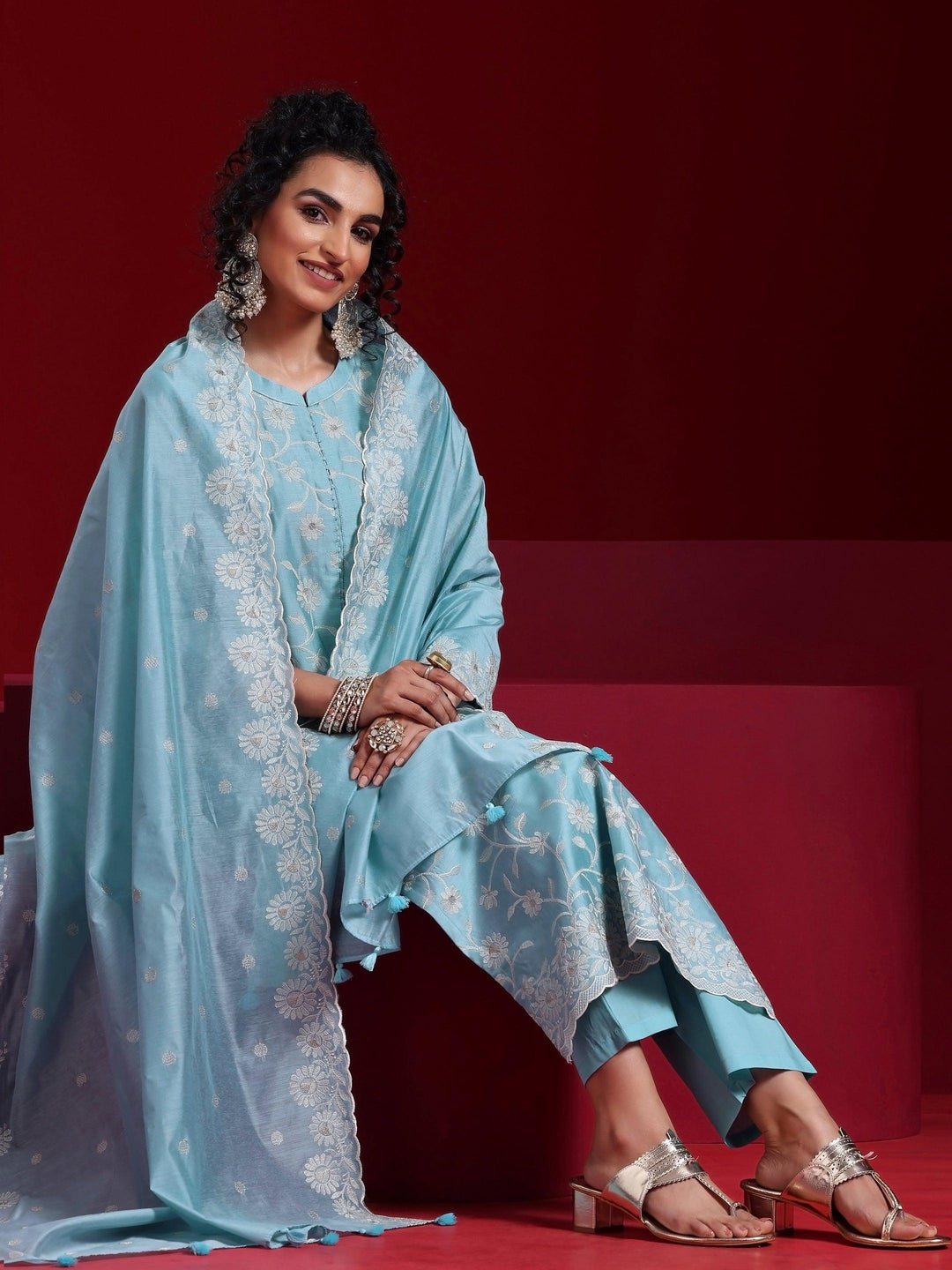 Libas Art Blue Embroidered Chanderi Silk Straight Suit With Dupatta