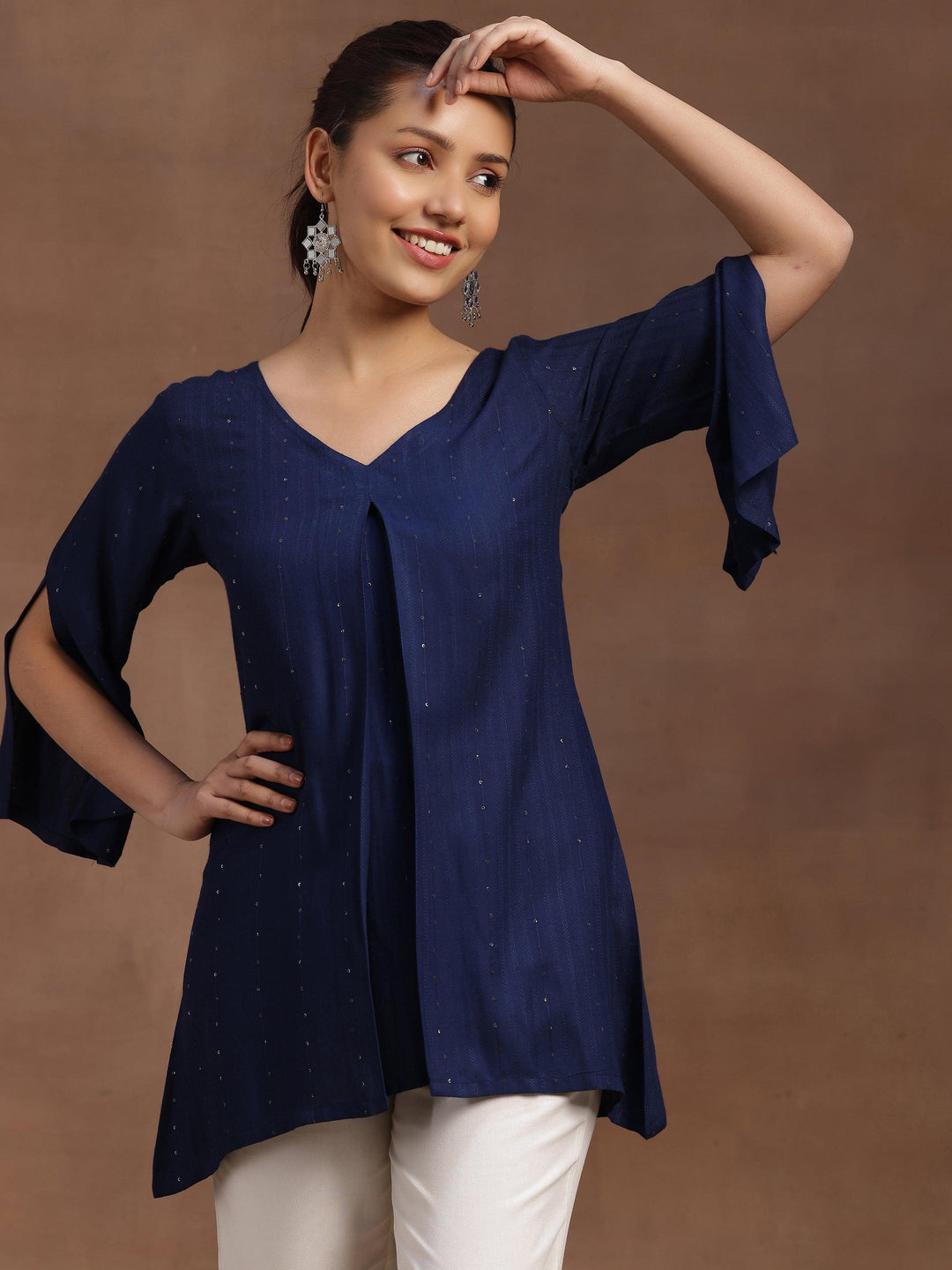 Blue Solid Cotton Blend A-line Kurti