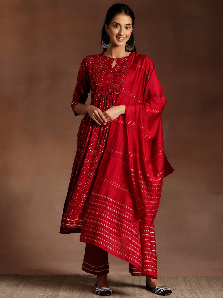 Sitara Red Printed Rayon A-Line Kurta With Palazzos & Dupatta