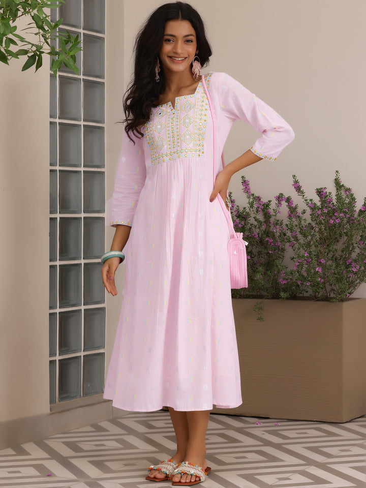 Pink Self Design Cotton A-Line Dress