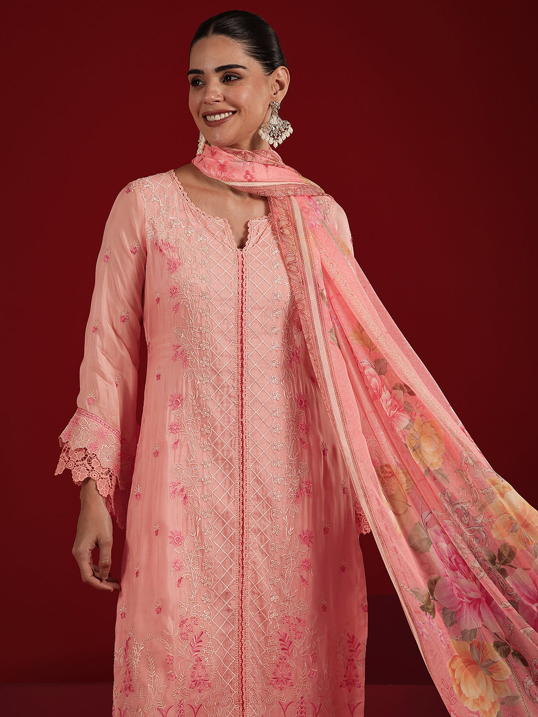 Libas Art Peach Embroidered Organza Straight Suit Set With Dupatta