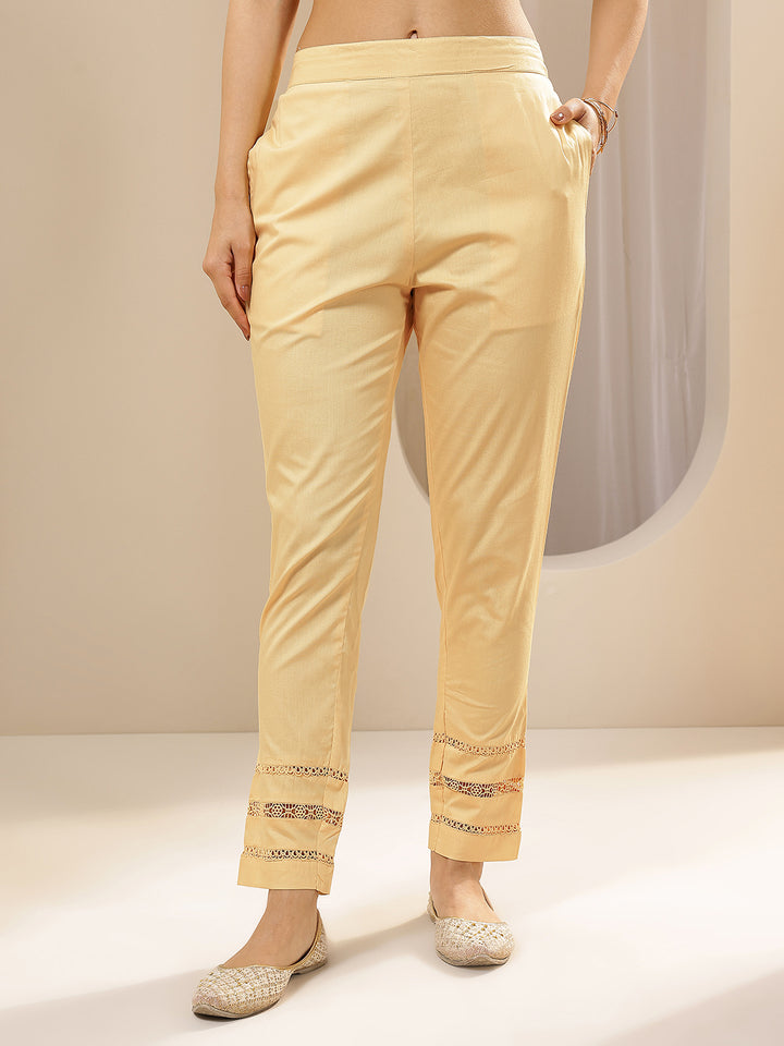 Beige Solid Cotton Trousers