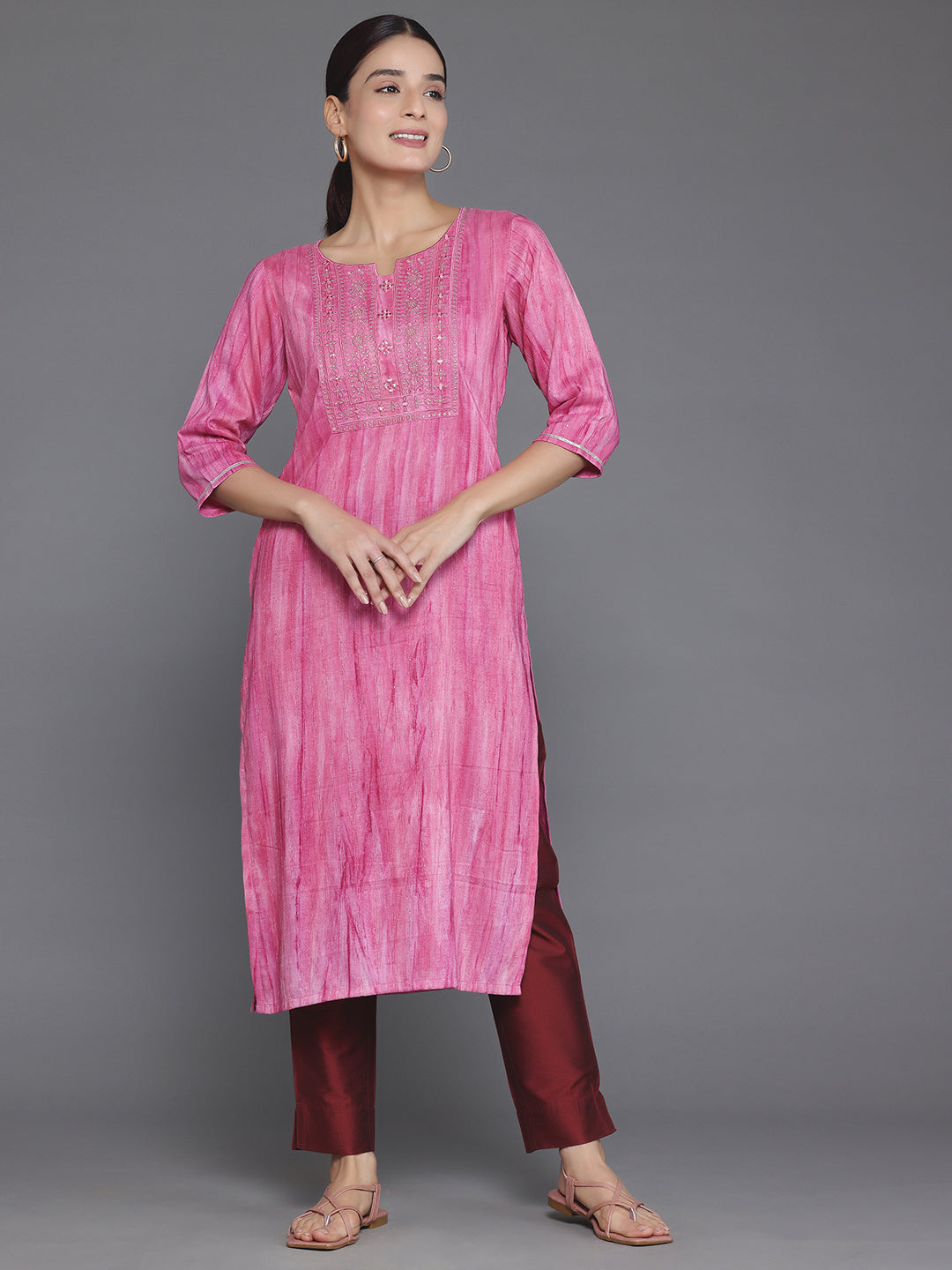 Pink Yoke Design Cotton Straight Kurta
