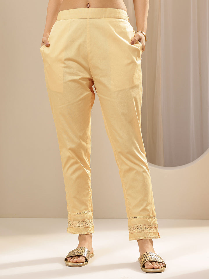 Beige Solid Cotton Trousers